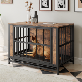 Dog Crate Furniture, Wooden Dog Crate Table, 38.9 Dog Kennel With 2 Sliding Doors And Thick Iron Door Frame, Decorative Pet Crate House For Large Medi